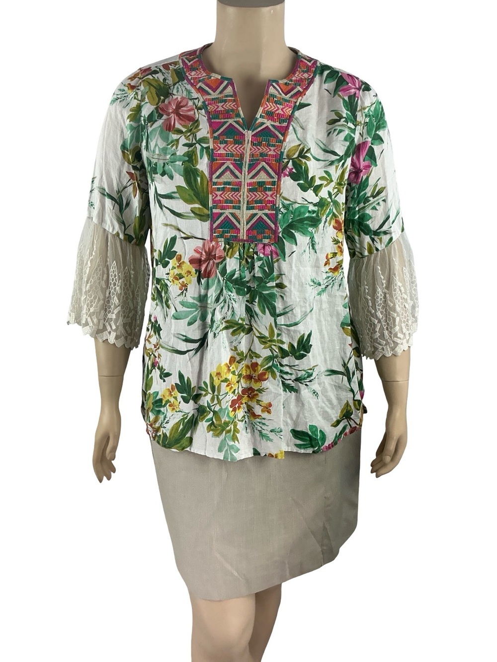 John Mark Linen Floral Embroidered Boho Resort Tunic Top Size L